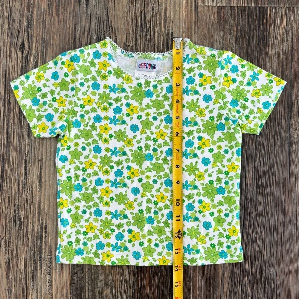 Okie Dokie S/S Tee Shirt 2T White Green Blue Yellow Floral Lace Trim 70s Style - Picture 3 of 7